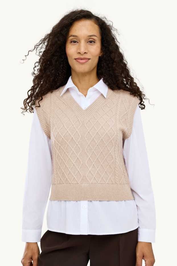 Damen - Pullunder - 2-in-1-Look - Zopfmuster - weiss / beige