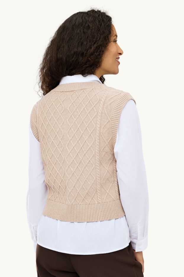 Damen - Pullunder - 2-in-1-Look - Zopfmuster - weiss / beige