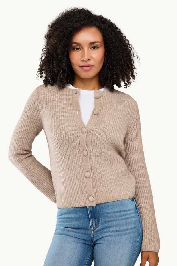 Women - Cardigan - ribbed - light beige