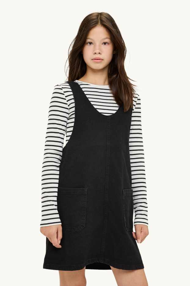 Bambine - Set - maglia a maniche lunghe e salopette di jeans - 2 pezzi - nero / bianco