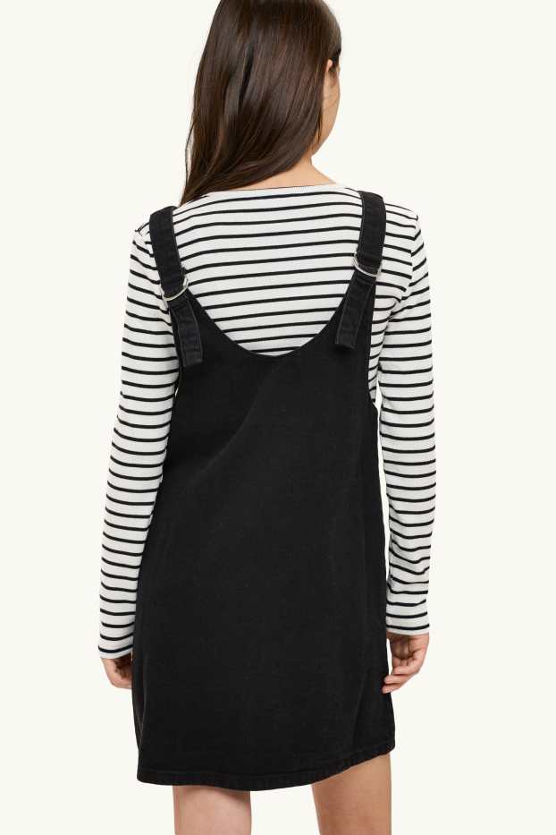 Bambine - Set - maglia a maniche lunghe e salopette di jeans - 2 pezzi - nero / bianco