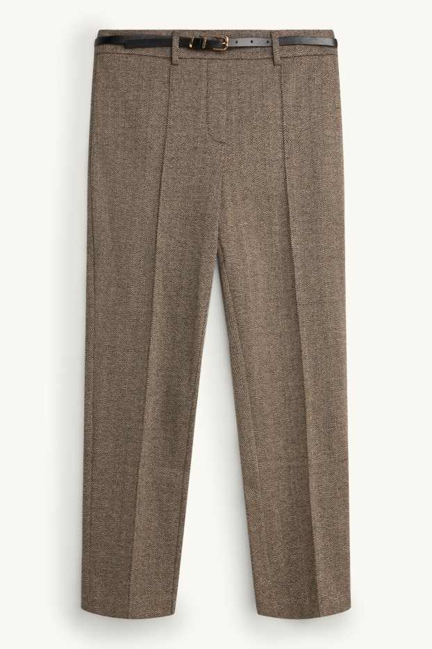Women - Cloth trousers with belt - mid-rise waist - tapered fit - patterned - brown