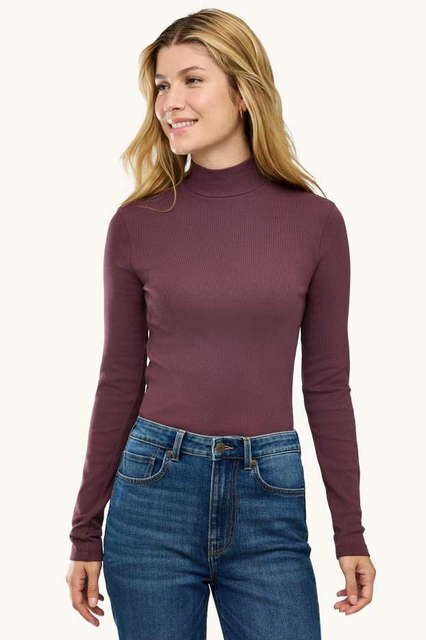 Damen - Langarmshirt - Slim Fit - gerippt - bordeaux