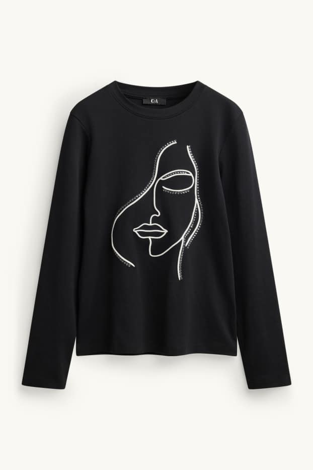Damen - Langarmshirt mit Strasssteinen - Regular Fit - schwarz