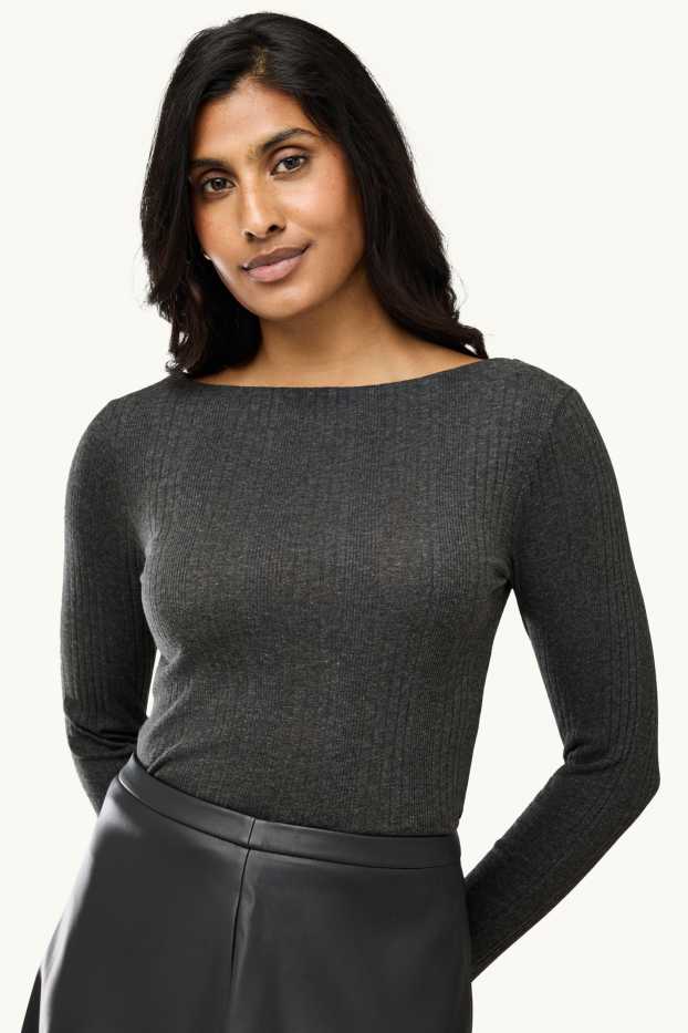 Damen - Langarmshirt - Regular Fit - gerippt - dunkelgrau
