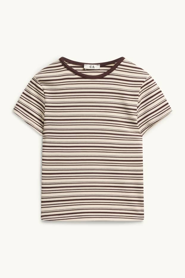 Dames - T-shirt - slim fit - gestreept - bruin / beige