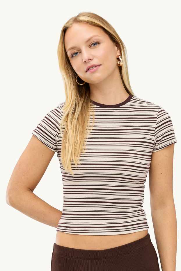 Dames - T-shirt - slim fit - gestreept - bruin / beige