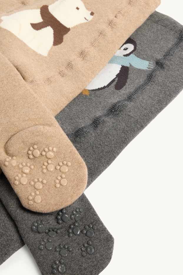 Unisex - Confezione da 2 - orso polare e pinguino - collant antiscivolo neonati - grigio / beige