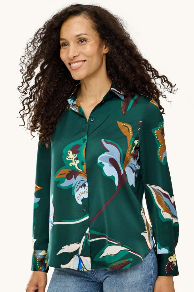 Femmes - Chemisier en satin - regular fit - à fleurs - vert foncé