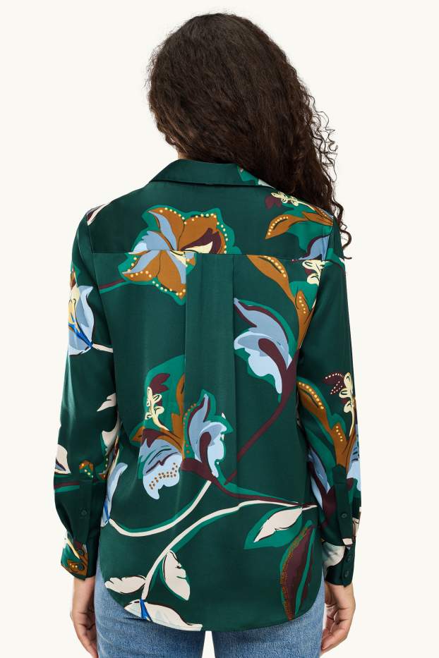 Femmes - Chemisier en satin - regular fit - à fleurs - vert foncé