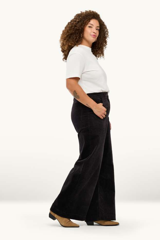 Donna - Pantaloni di velluto a coste - vita alta - gamba larga - nero