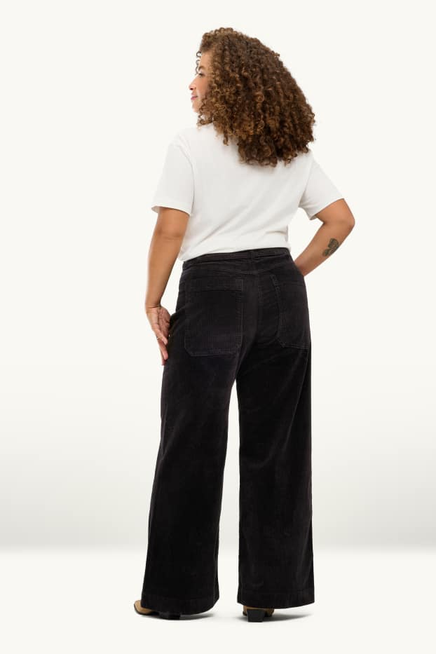 Donna - Pantaloni di velluto a coste - vita alta - gamba larga - nero