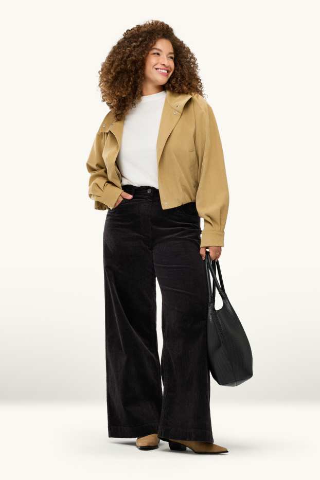 Donna - Pantaloni di velluto a coste - vita alta - gamba larga - nero