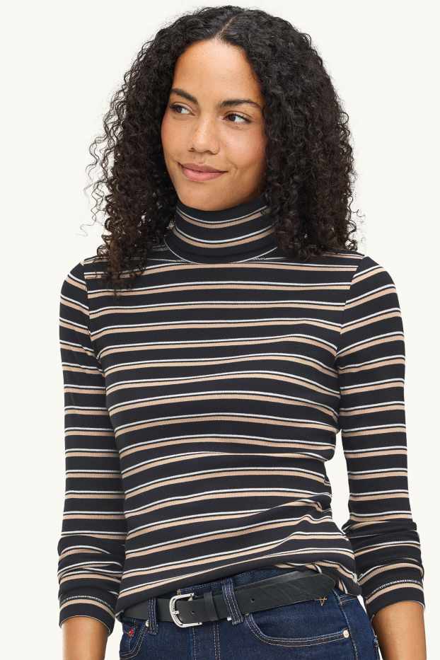 Dona - Samarreta de mànigues llargues - slim fit - de ratlles - negre/beix
