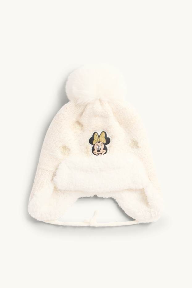 Baby Mädchen - Minnie Maus - Blümchen - Baby-Bommelmütze - Glanz-Effekt - cremeweiss