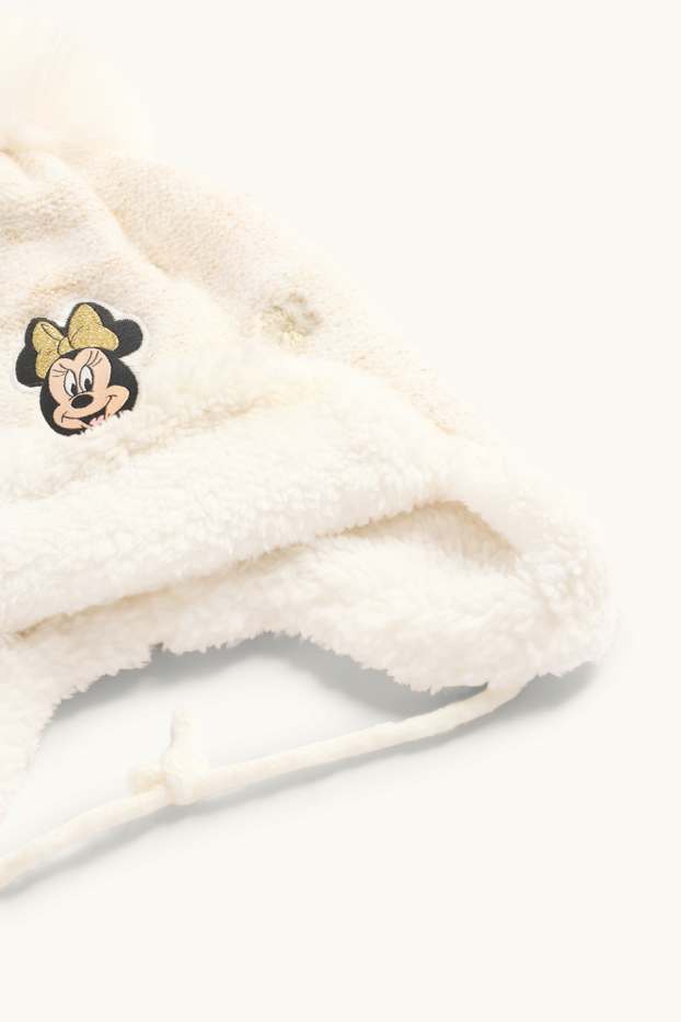 Baby Mädchen - Minnie Maus - Blümchen - Baby-Bommelmütze - Glanz-Effekt - cremeweiss