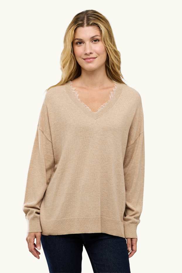 Femmes - Pull avec encolure en V - beige