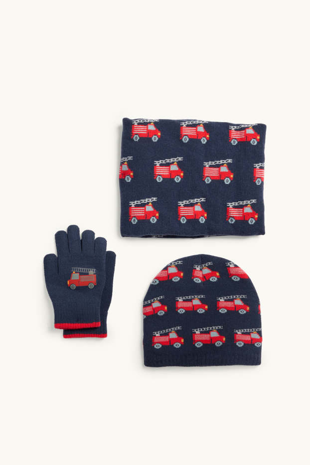 Kinder Jungen - Feuerwehr - Set - Mütze, Loop Schal und Handschuhe - rot / dunkelblau