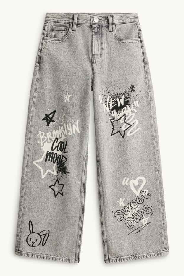 Children Girls - Graffiti - baggy jeans - denim-light gray