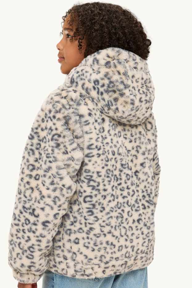 Kinder Mädchen - Kunstfell-Jacke mit Kapuze - gemustert - schwarz / beige