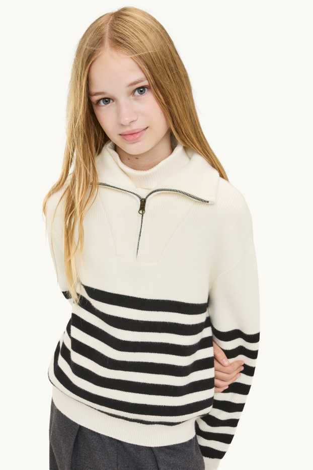 Kinder Mädchen - Pullover - gerippt - gestreift - weiß / schwarz