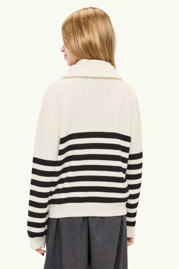 Kinder Mädchen - Pullover - gerippt - gestreift - weiß / schwarz