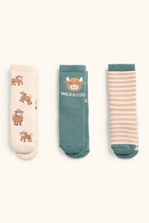 Neonati - Confezione da 3 - toro - calze antiscivolo con motivo per neonati - beige / verde