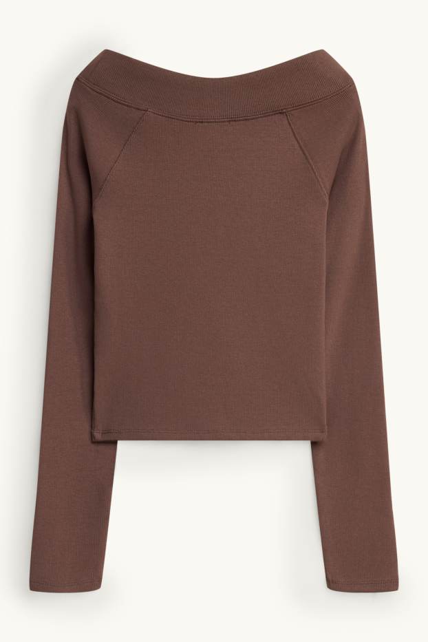Women - Long sleeve top - slim fit - ribbed - brown