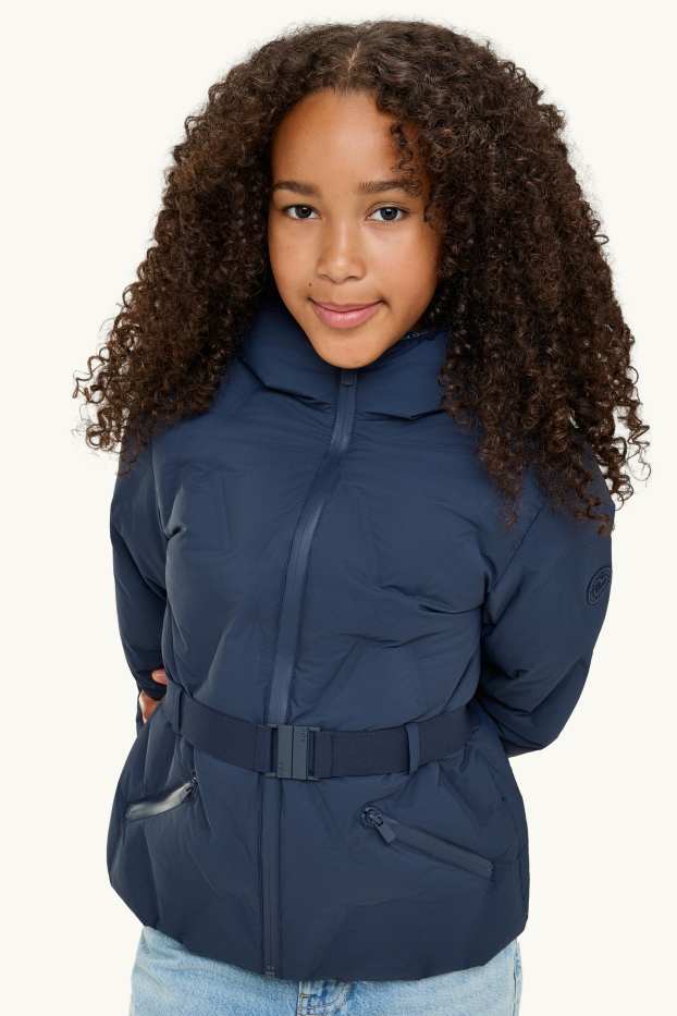 Bambine - Giacca trapuntata con cintura - foderata - idrorepellente - blu scuro