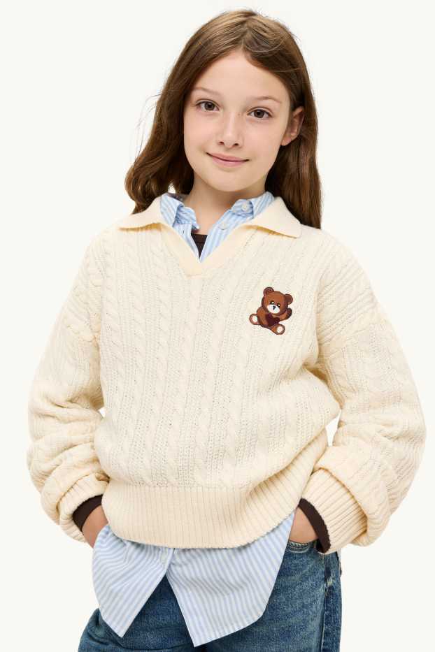 Kinderen: meisjes - Teddybeer - trui - kabelpatroon - crème wit