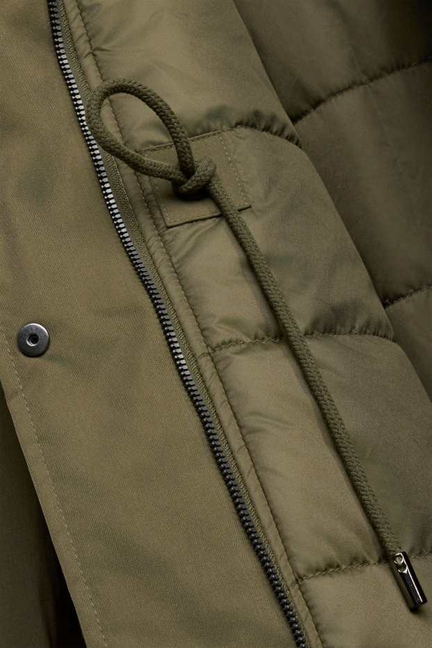 Femmes - Parka avec capuche et garniture en imitation fourrure - déperlante - vert foncé