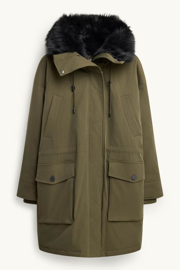 Femmes - Parka avec capuche et garniture en imitation fourrure - déperlante - vert foncé