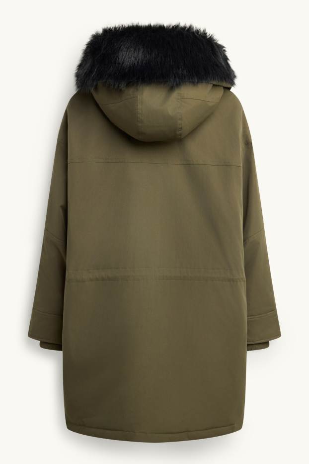 Femmes - Parka avec capuche et garniture en imitation fourrure - déperlante - vert foncé