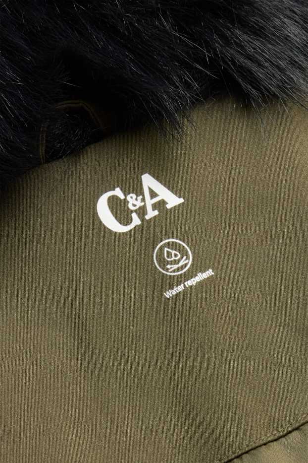 Femmes - Parka avec capuche et garniture en imitation fourrure - déperlante - vert foncé