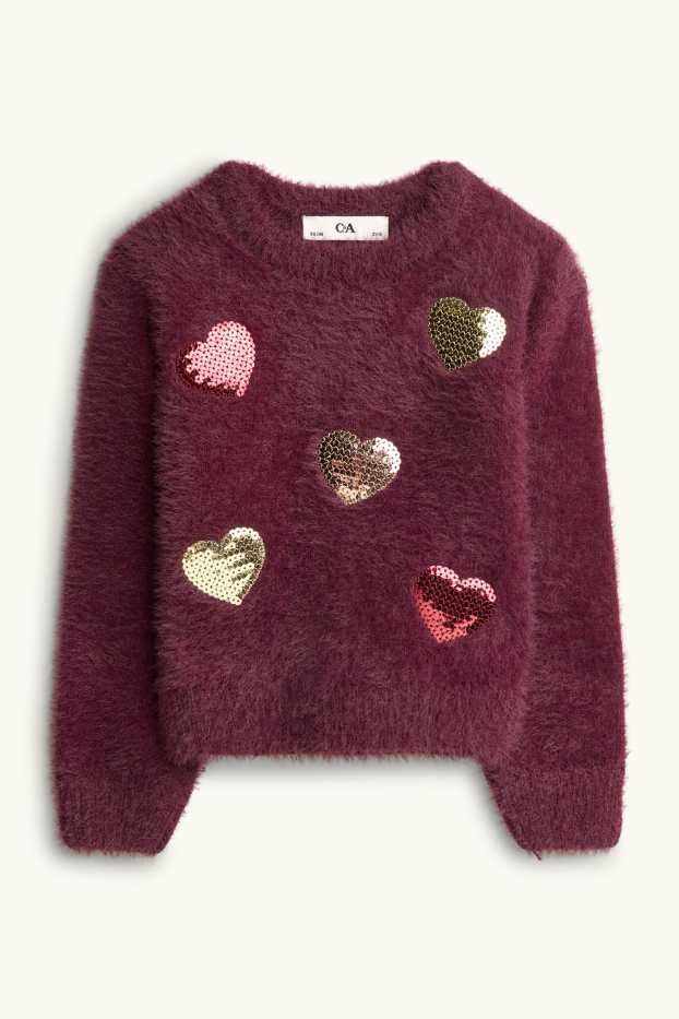 Enfants filles - Cœur - pull - finition brillante - bordeaux