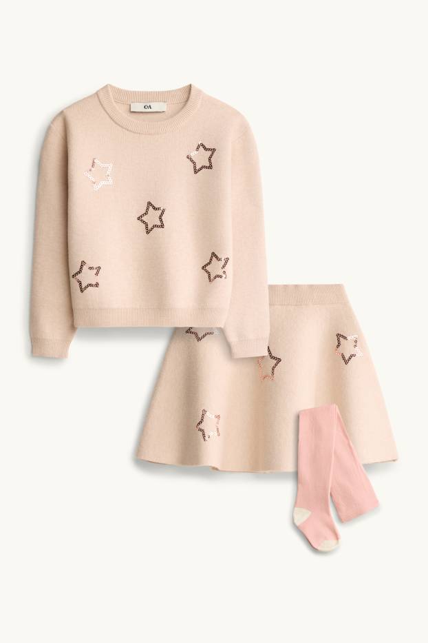 Enfants filles - Ensemble - pull chaud, jupe chaude et collants chauds - rose / beige