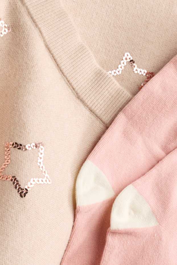Enfants filles - Ensemble - pull chaud, jupe chaude et collants chauds - rose / beige