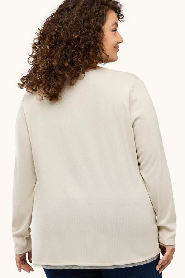 Dámské - Tričko s dlouhým rukávem s výstřihem ve tvaru V - curvy fit - béžová