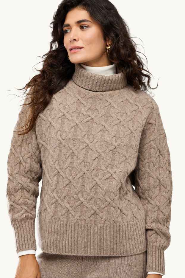 Femmes - Pull à col roulé en cachemire mélangé - laine mélangée - beige