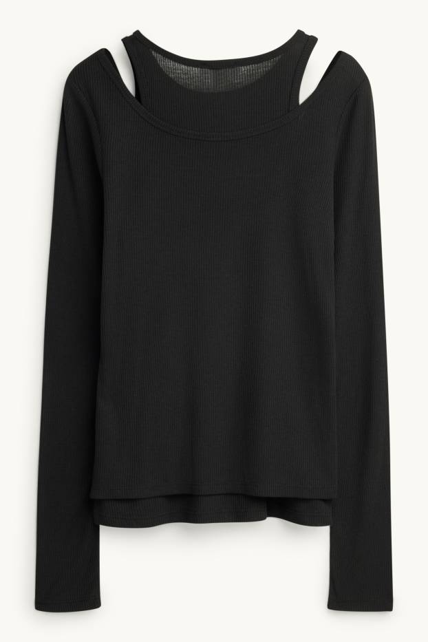 Dames - Longsleeve - regular fit - ribstof - 2-in-1-look - zwart