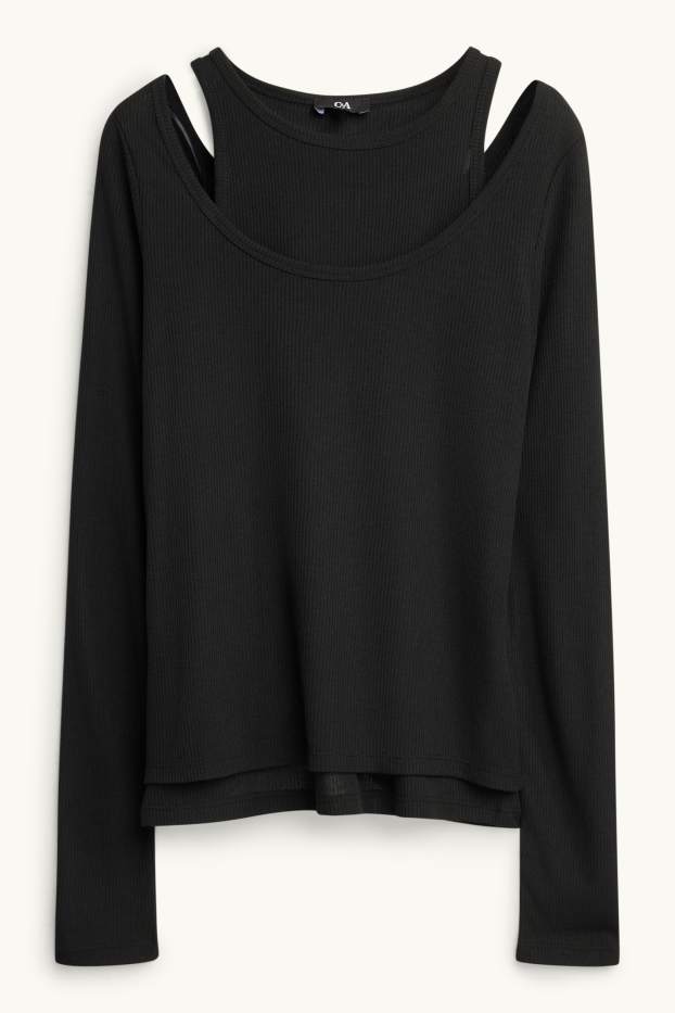 Dames - Longsleeve - regular fit - ribstof - 2-in-1-look - zwart