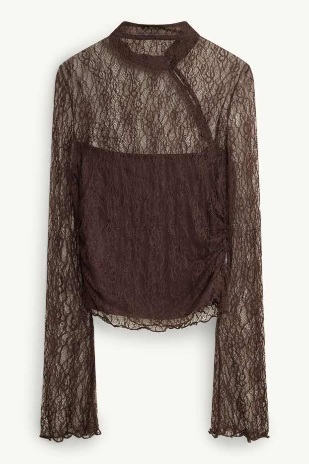 Damen - Spitzen-Langarmshirt - Slim Fit - dunkelbraun