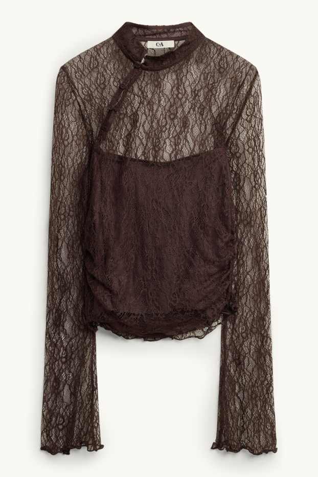 Damen - Spitzen-Langarmshirt - Slim Fit - dunkelbraun