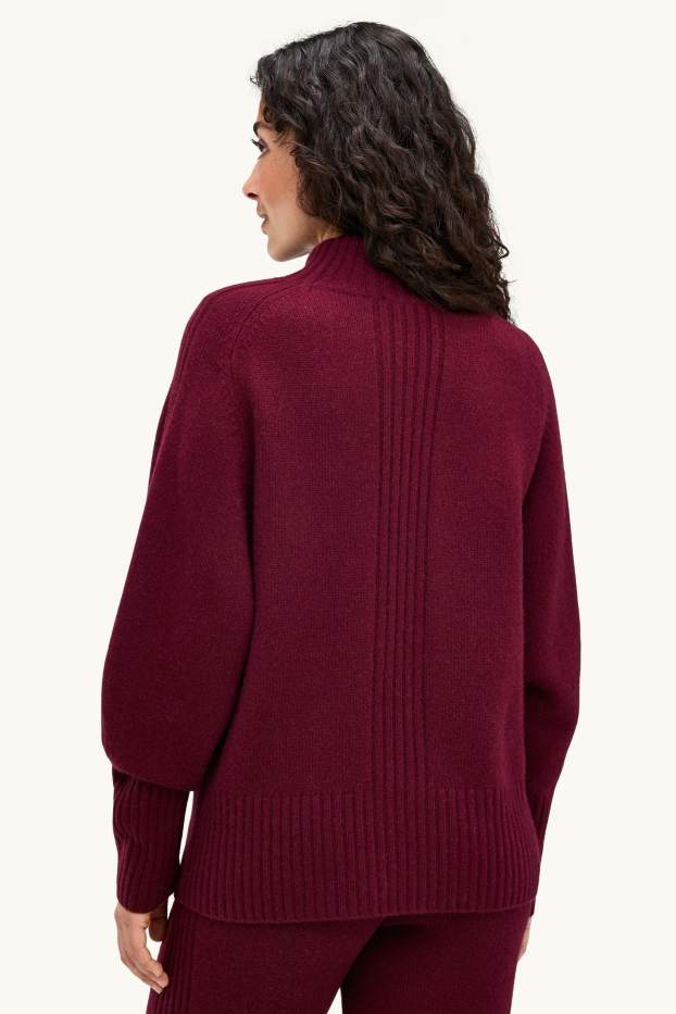 Femmes - Pull à col montant, contenant du cachemire - laine mélangée - bordeaux