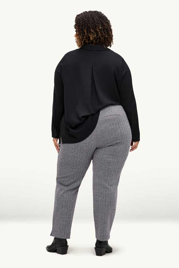 Dámské - Žerzejové kalhoty - mid waist - tapered fit - se vzorem - šedá-žíhaná
