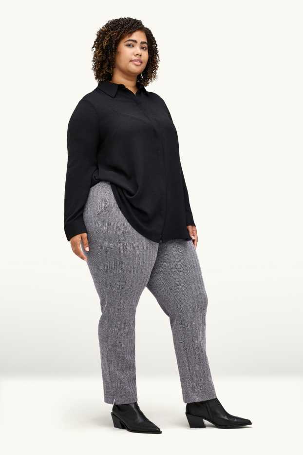 Dámské - Žerzejové kalhoty - mid waist - tapered fit - se vzorem - šedá-žíhaná