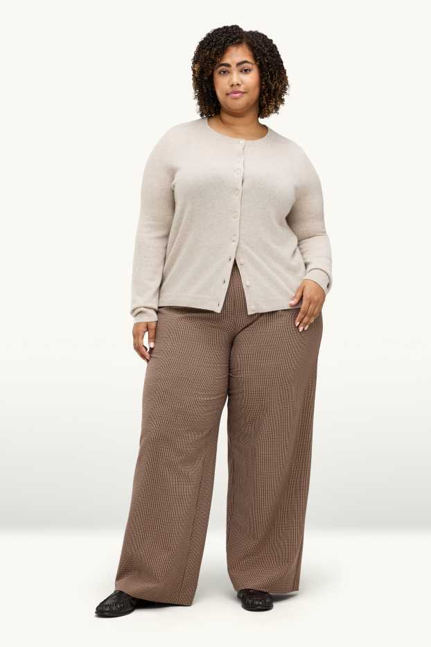 Damen - Stoffhose - High Waist - Wide Leg - kariert - beige / braun