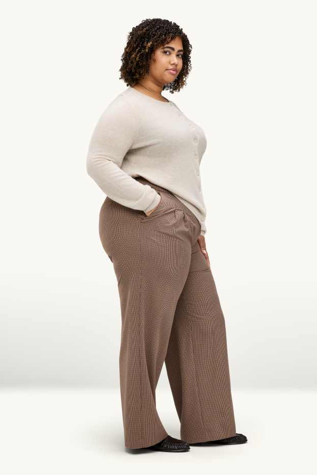 Damen - Stoffhose - High Waist - Wide Leg - kariert - beige / braun