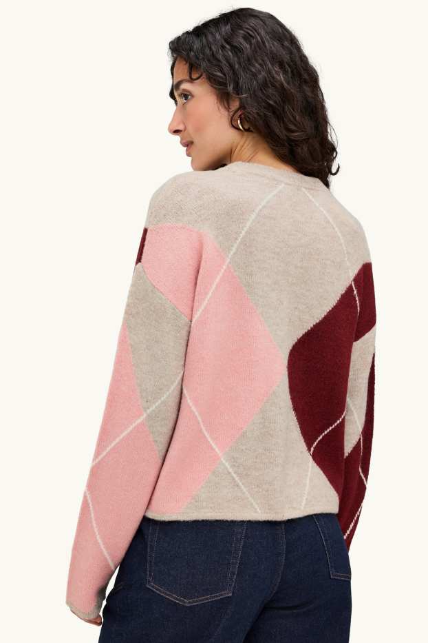 Damen - Pullover - kariert - beige / bordeaux