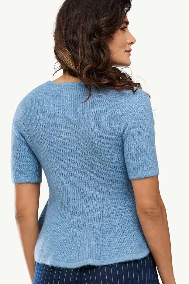 Damen - Strickpullover - kurzarm - gerippt - hellblau